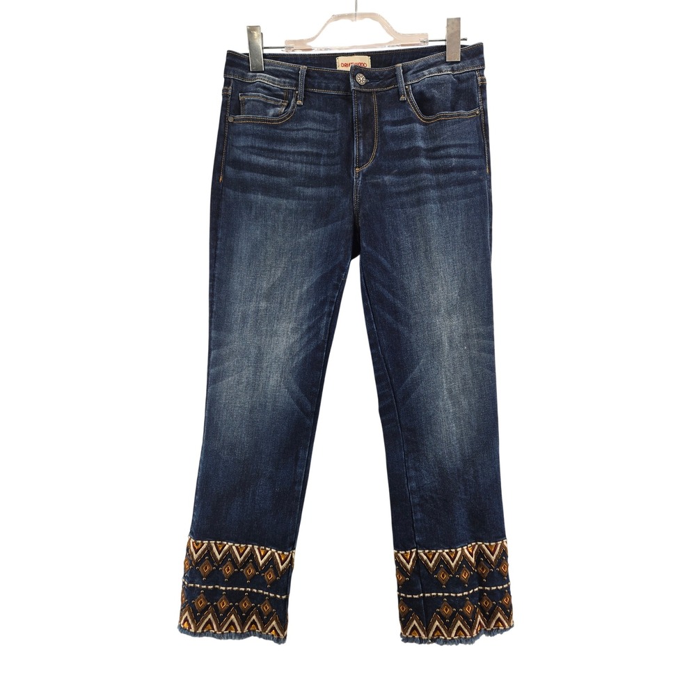 Driftwood Colette Embroidered Studded Cuffs Straight Leg Jeans Dark Wash 29 x 26